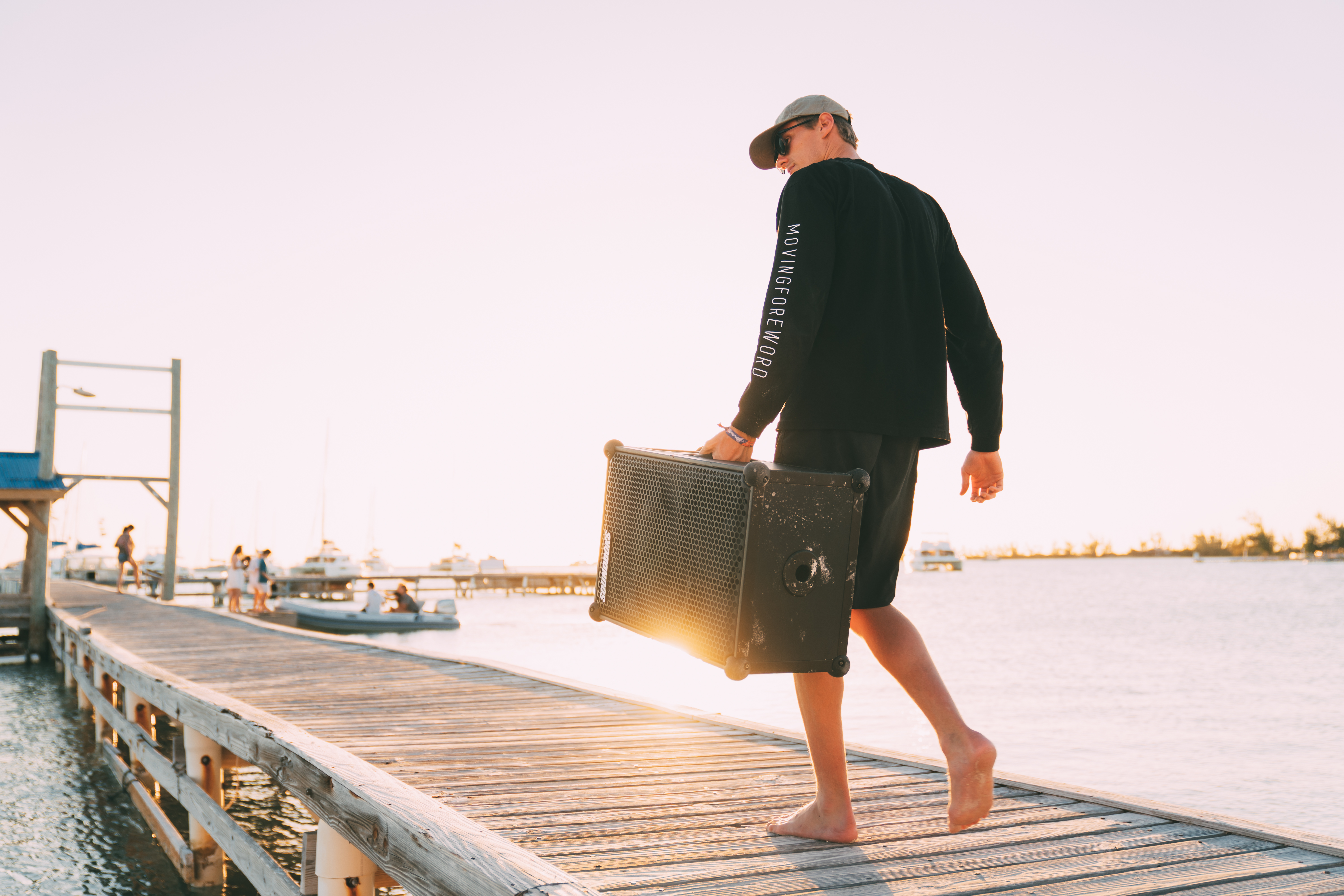 SOUNDBOKS being walked down a pier