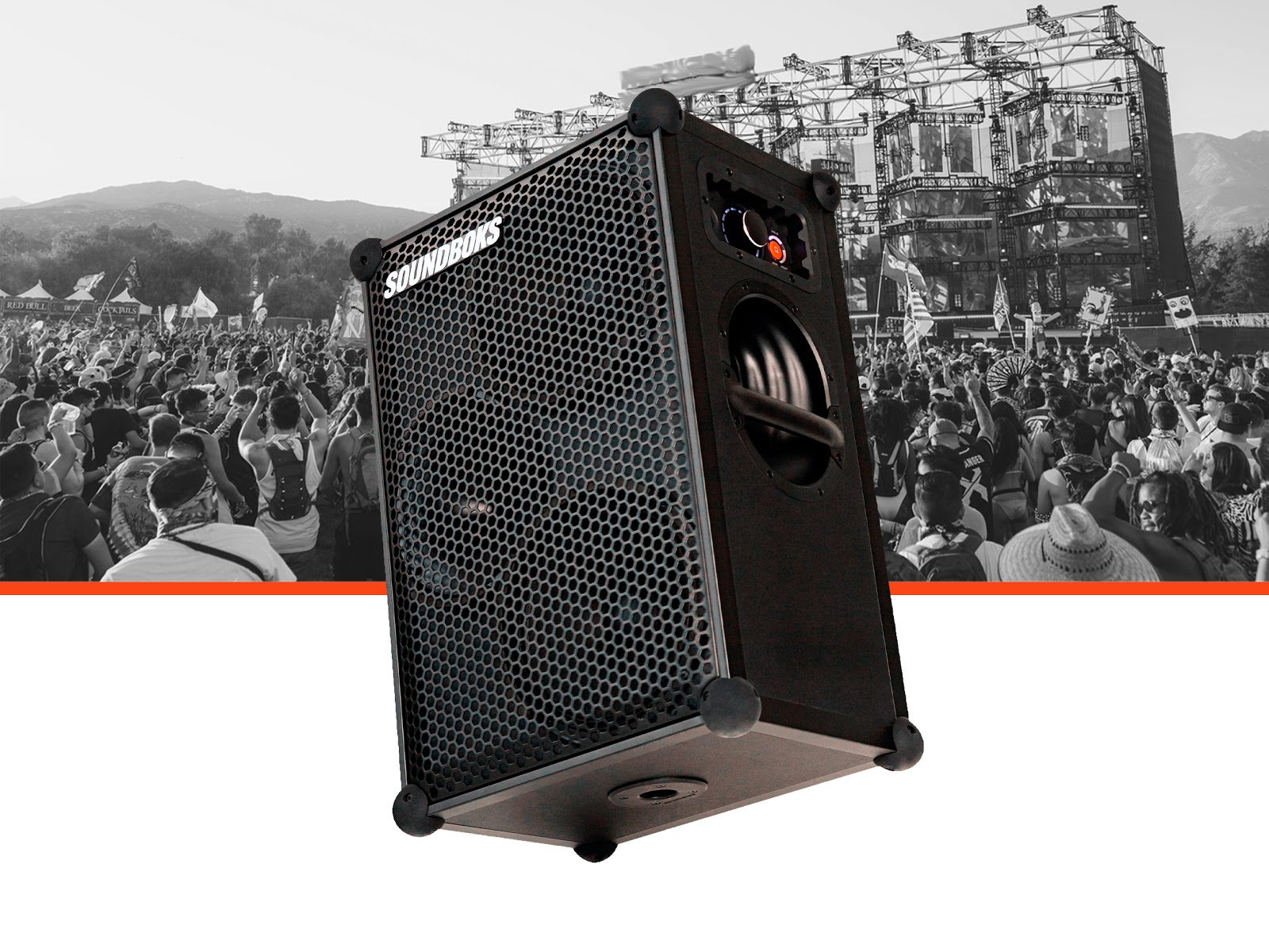 SOUNDBOKS bluetooth performance speaker with a festival background