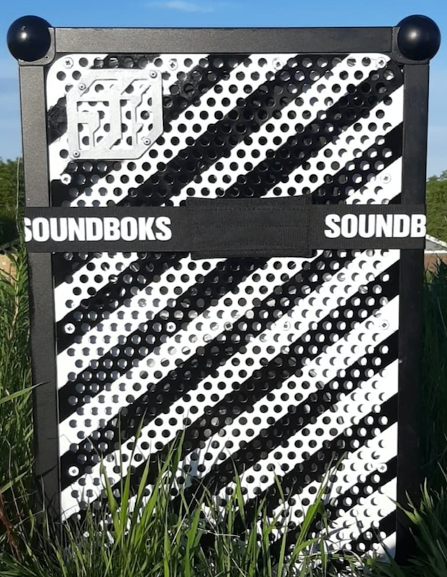 customized SOUNDBOKS Bluetooth Speaker with black and white stripes on the grill