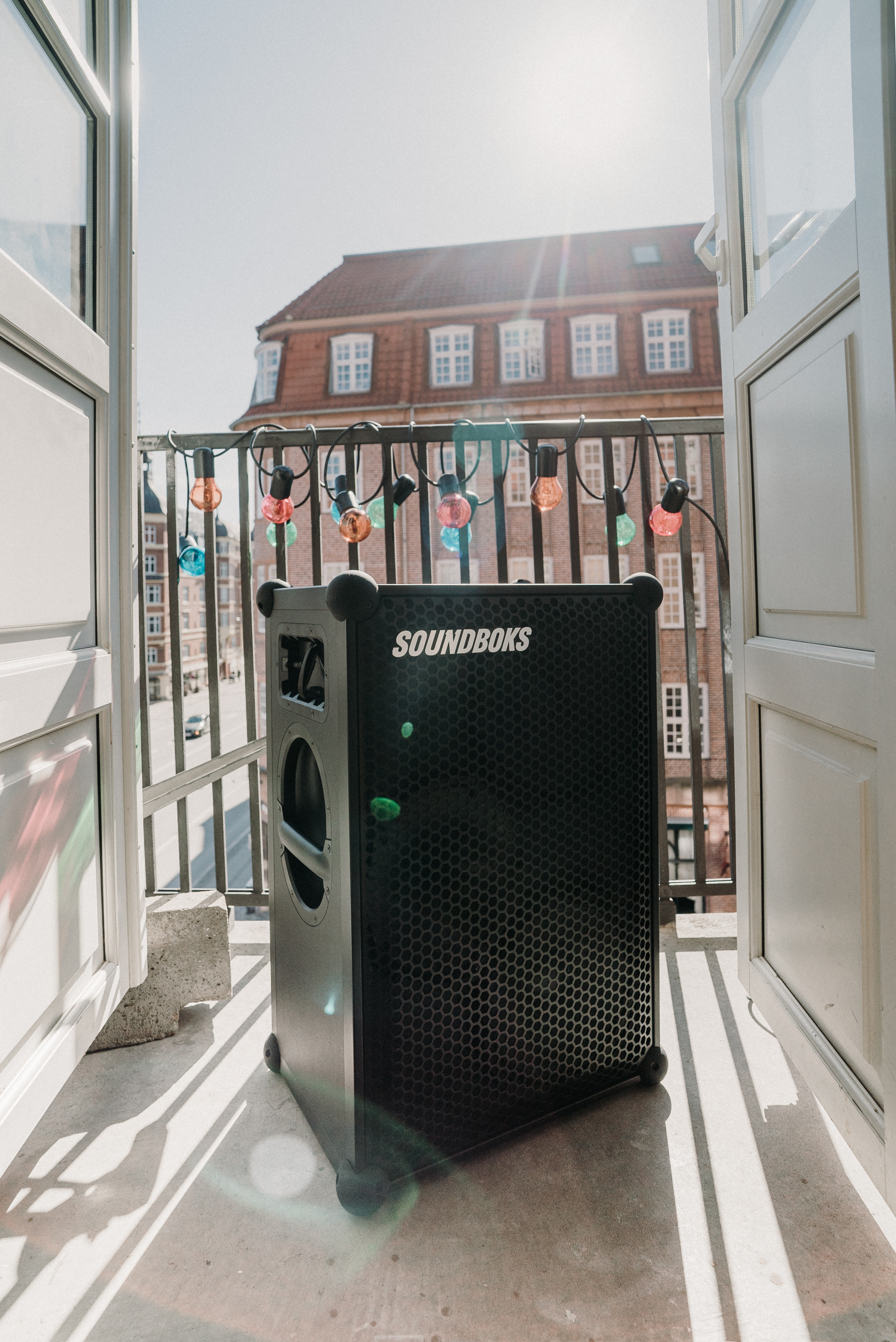 SOUNDBOKS in the sun on a balcony