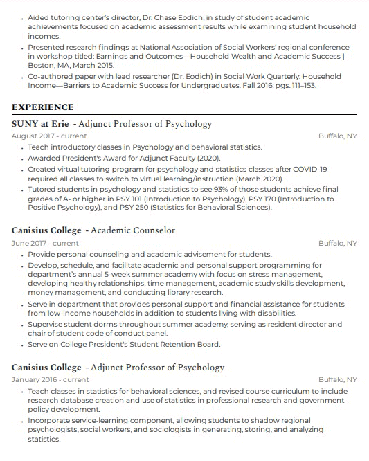 Academia CV with teaching experience 