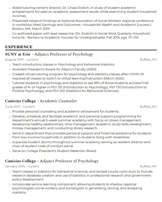 Academia CV with teaching experience