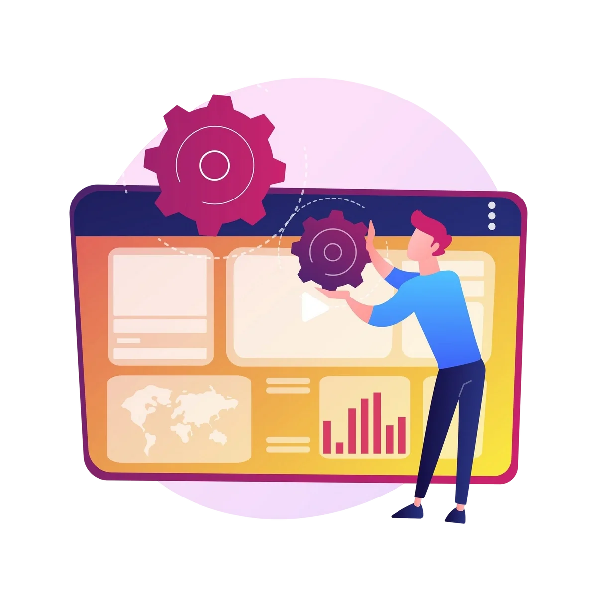 Person configuring dashboard with gears icon for data and analytics.