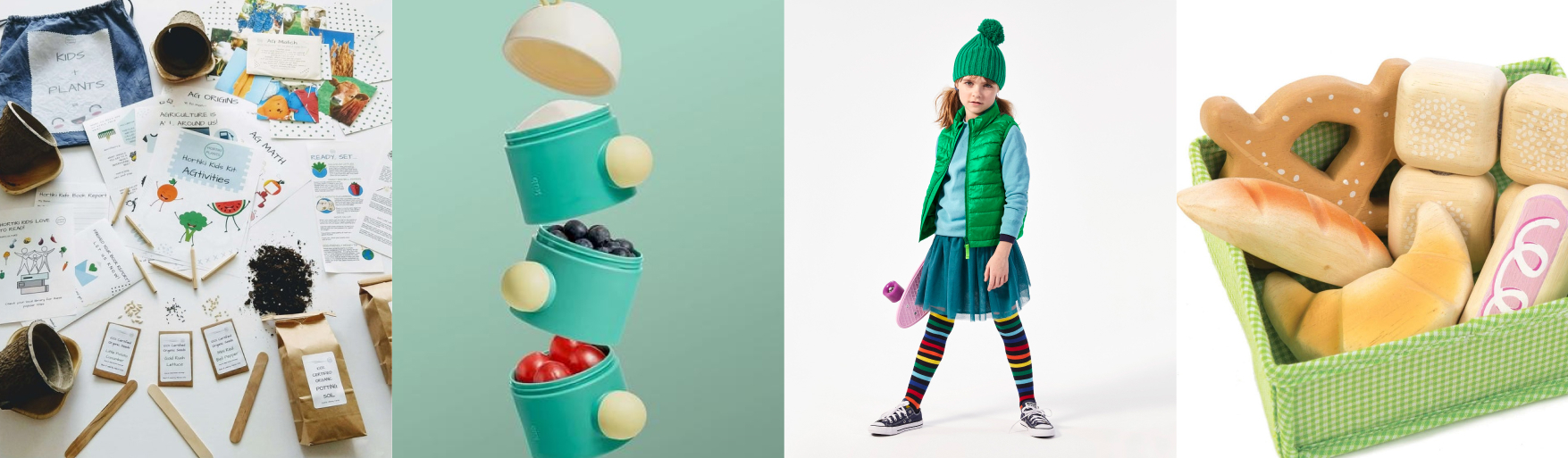 row of gardening kid, green snack container, girl wearing green vest and tulle skirt, wooden bread in green basket