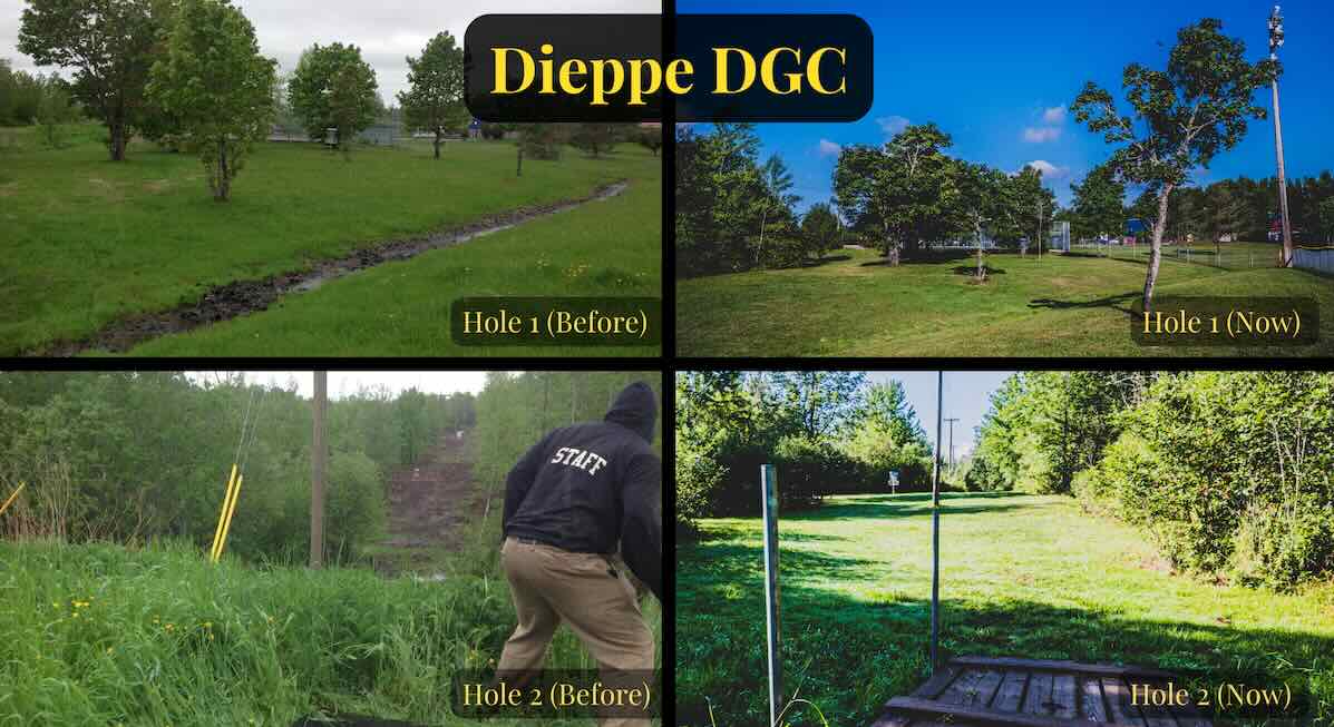 4 images showing 2 disc golf holes before and after renovations