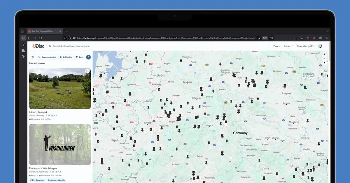 An image of part of the UDisc course directory for central Germany with map