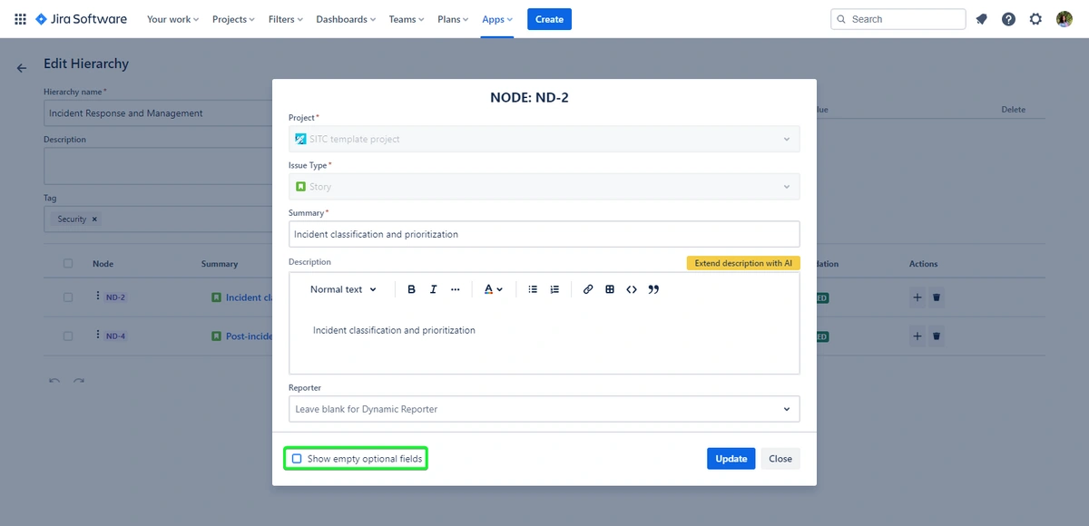 A screenshot of a project management interface for editing a hierarchy node labeled 'ND-2' within a software application, with fields for project, issue type, and summary focused on incident classification and prioritization.