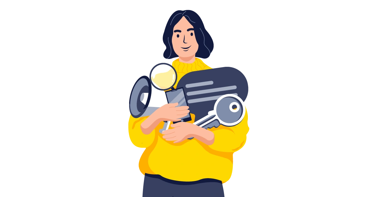 A woman holding SEO tools