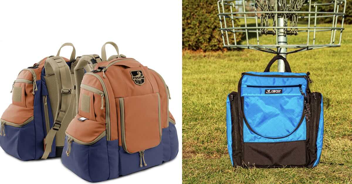 Two different disc golf bags, one showing front and back on white background and the other showing front in front of a disc golf basket