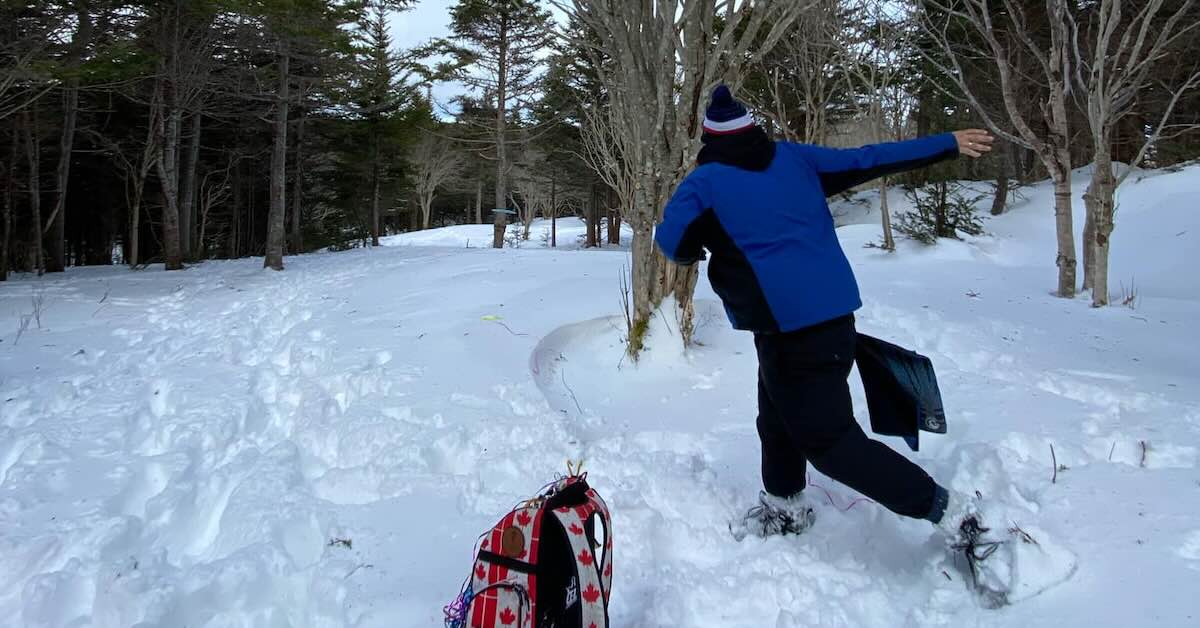 A man in a blue coat playing disc golf in a snowy park landscape