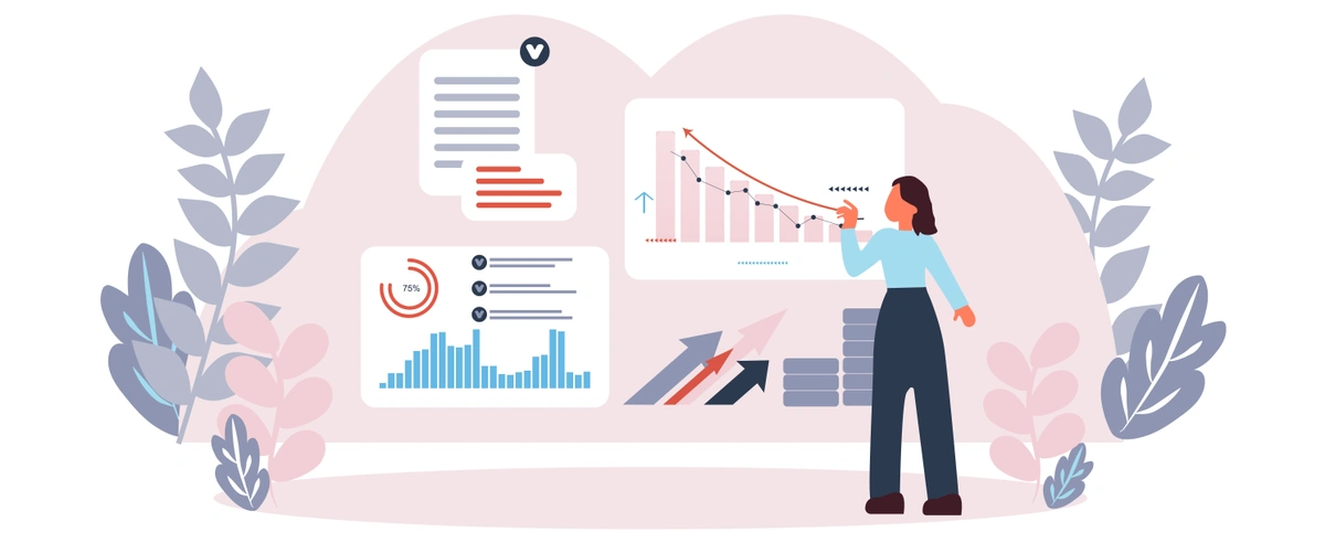 An illustration of a woman pointing to a decline in a graph among other business performance indicators, suggesting an analysis of financial or operational data.