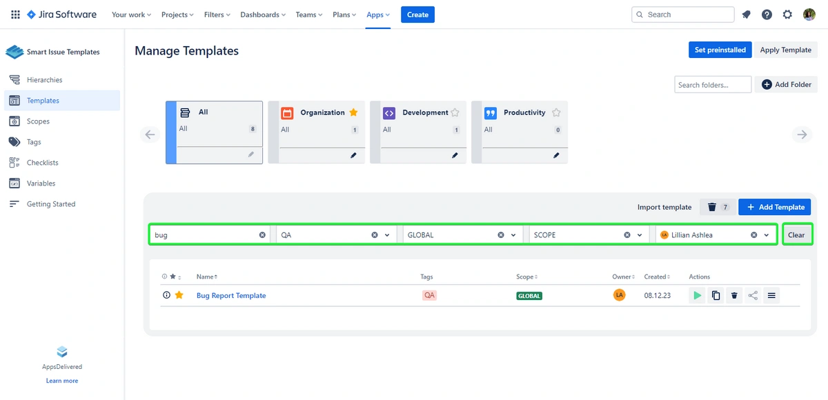 A screenshot of a project management software interface titled "Manage Templates," showing a bug report template with filtering options for organization, development, and productivity categories. Options for importing templates and adding new ones are also displayed.