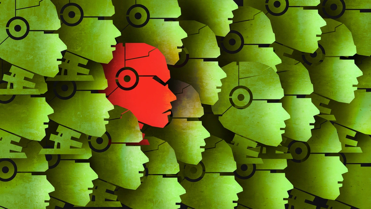illustration depicting a tesselation of green robots, with one in the middle bright red, indicating danger.