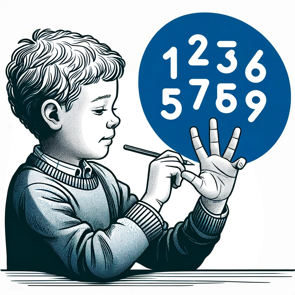 DALL·E 2024-01-31 19.56.23 - A child sitting at a desk, counting on their fingers but starting from a higher number like 5 or 6. The child shows concentration and the numbers are .webp
