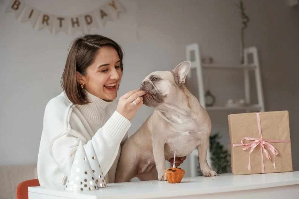 A woman joyfully feeds her dog a slice of birthday cake, celebrating the pet's special day together.