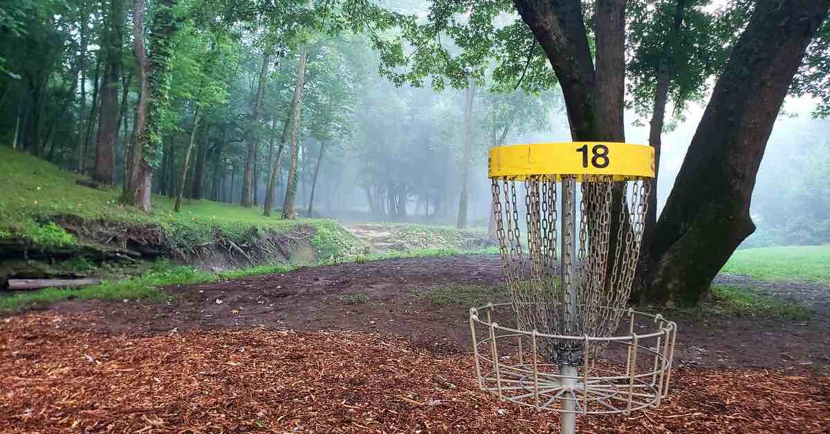 A yellow-banded basket with the number 18 on it in a misty, wooded setting