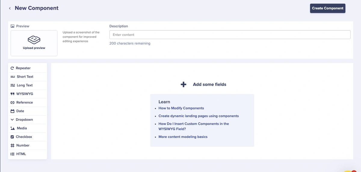 New component configuration page