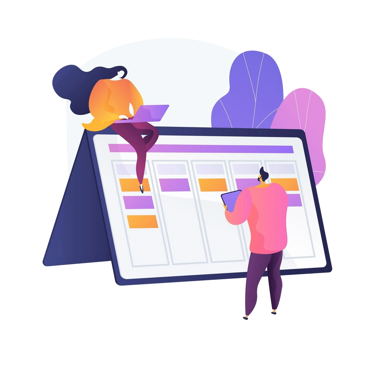 Illustration of two people managing a ticketing tasks on a large screen.