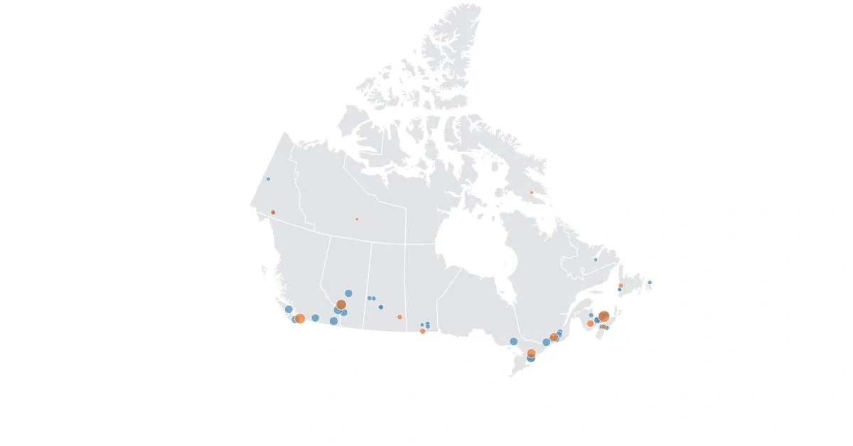 Map of Canada showing locations of each province and territory's top five disc golf courses
