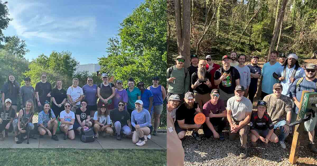 Two photos, both groups posing. One of women, one of mostly young men