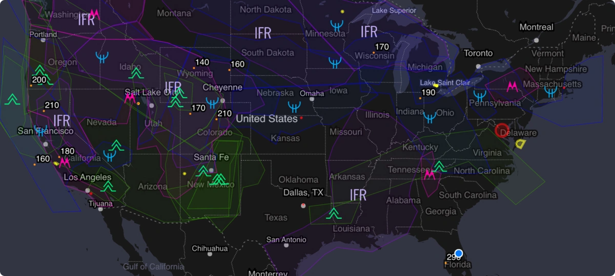 Numerous icons representing weather conditions are displayed on a map of the United States of America