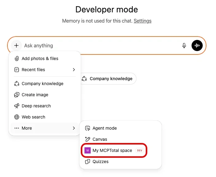 The apps and more menu in a ChatGPT chat open, showing the app to use in the chat highlighted.