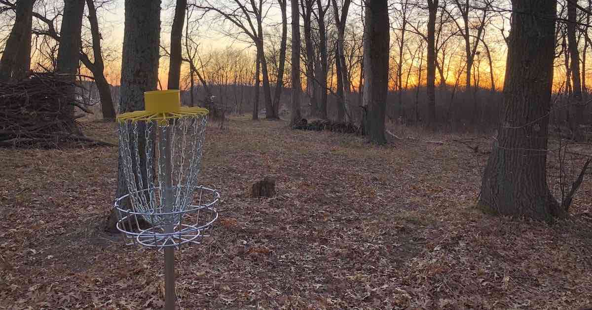 A basket in the winter woods at sunset
