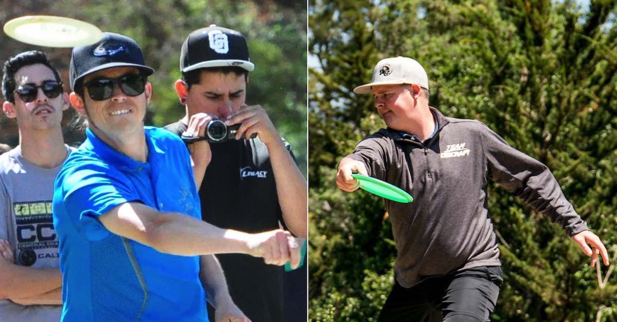 Two different photos of men throwing disc golf discs