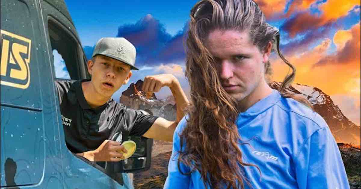 Photoshopped image of two young men, one leaning out of a van with a backdrop of epic-looking mountains