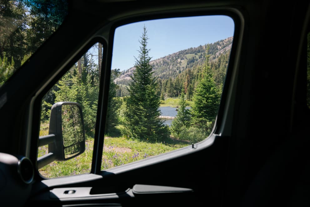 rv window view of idaho mountains