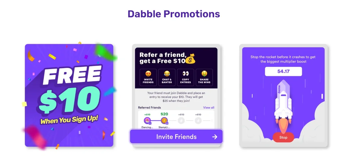 Dabble promotions banner showing &ldquo;Free $10 when you sign up,&rdquo; a refer-a-friend bonus screen, and a rocket-data-inline multiplier game feature.