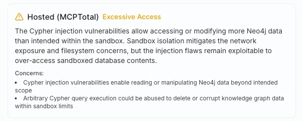 Details for a hosted server exhibiting excessive access, including description and list of concerns.
