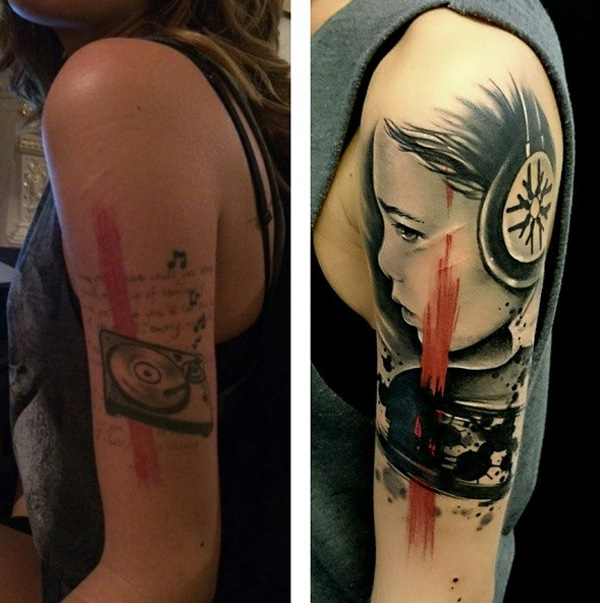 Portrait cover up sleeve tattoo - trash polka