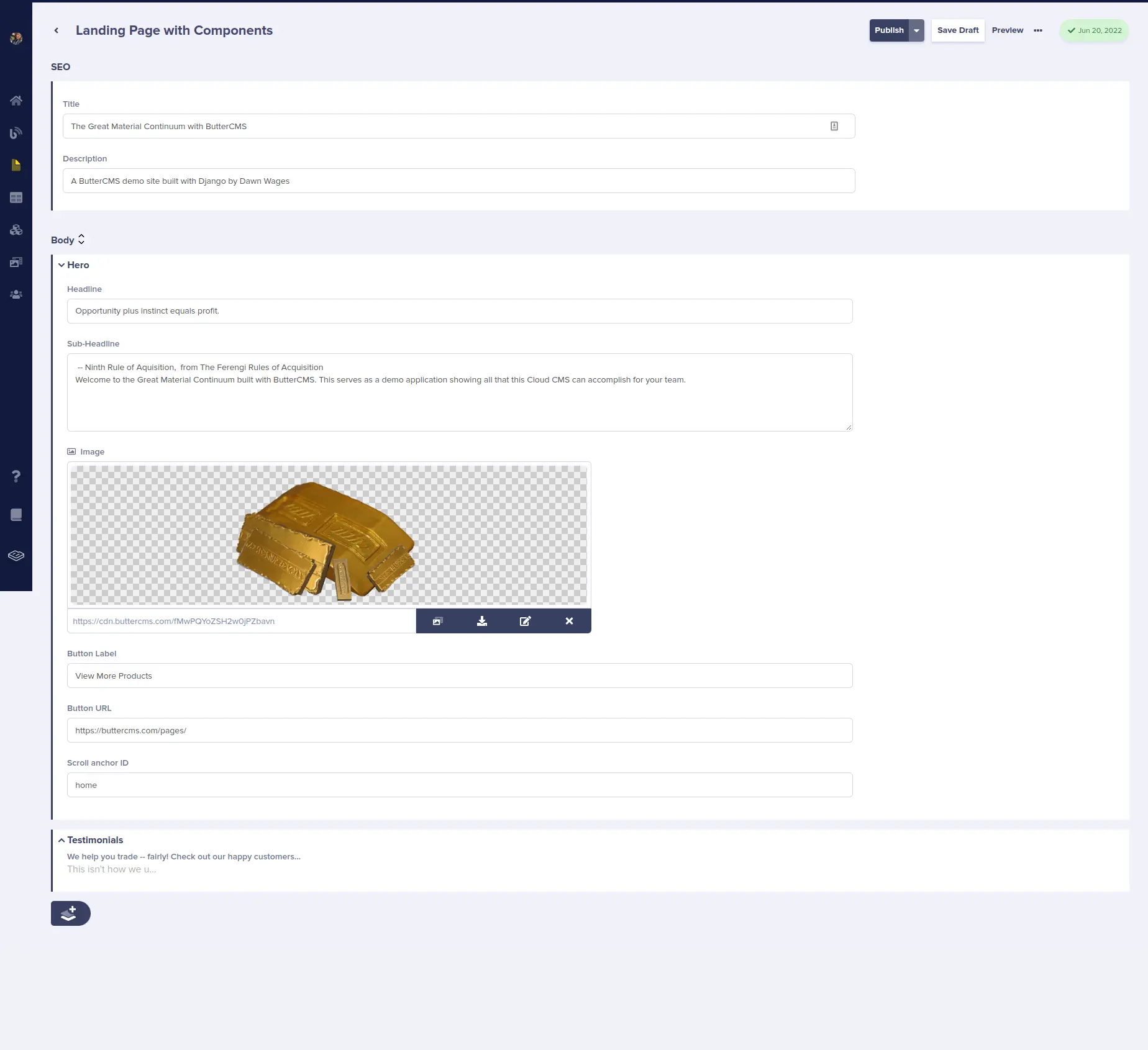 Landing page with components inside the ButterCMS interface