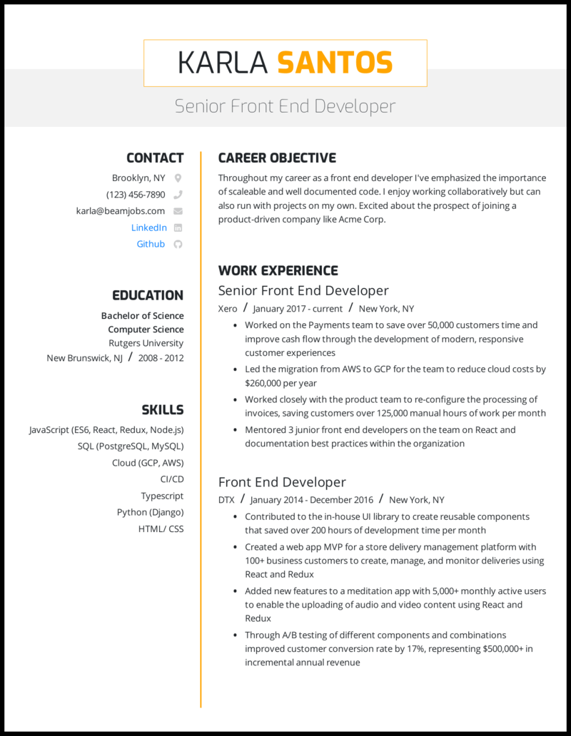 Sample Resume Of Front End Developer For Freshers : Front ...