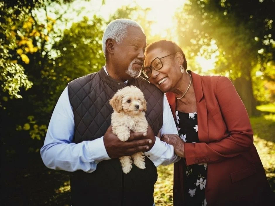 Joyful older couple holding a small puppy together outdoors in warm golden autumn light