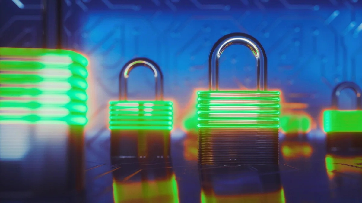 Four vivid electric green padlocks in a cyber environment.