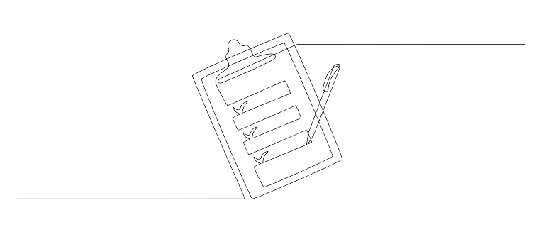 Black and white line art of a clipboard with a check list, featuring a pen attached, indicating organization, planning, or survey themes.