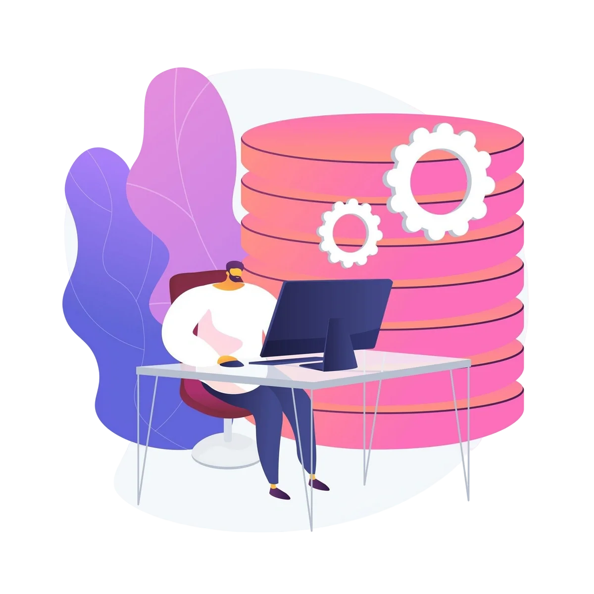 Illustration of a person working at a computer in front of large database servers with gears.