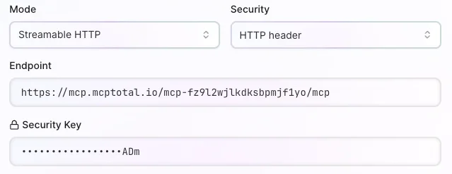 Snippet shows the streaming HTTP mode with HTTP header security selected and the resulting endpoint and security key