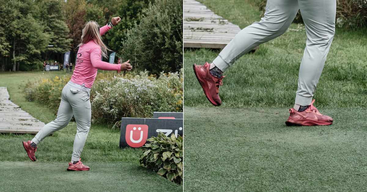 Two photos. One of a woman throwing a disc golf shot from a tee, the second a close-up of her pink athletic shoes
