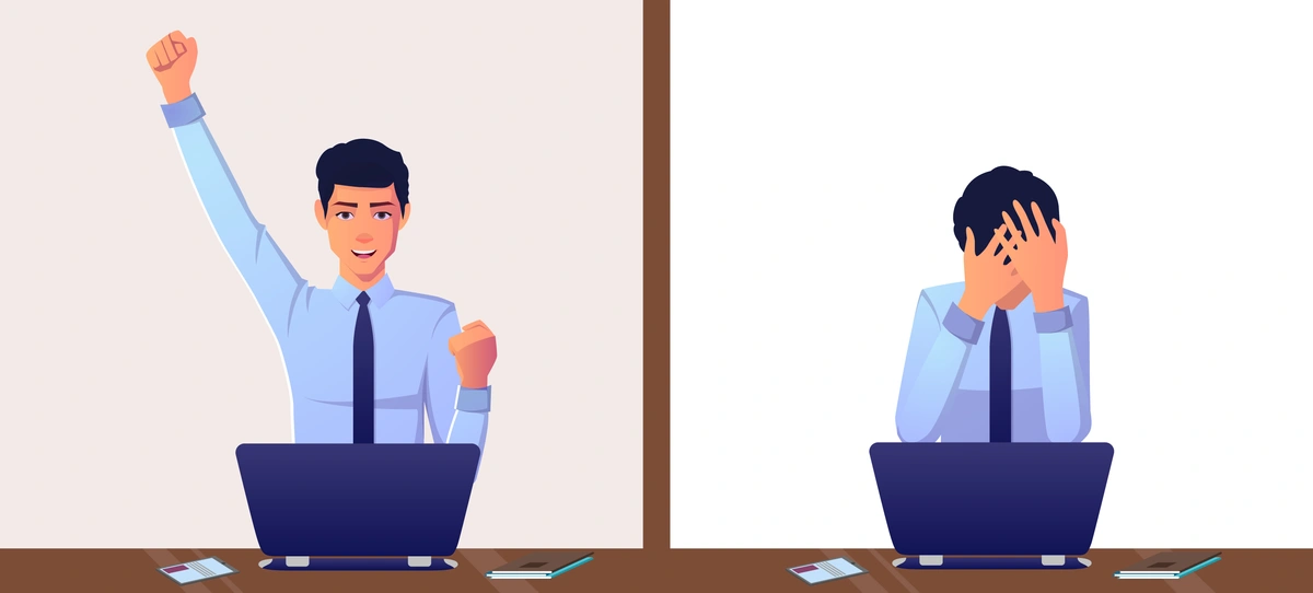 Two contrasting images of a man at a computer; on the left, he is celebrating with a raised fist, and on the right, he is frustrated with his head in his hands.