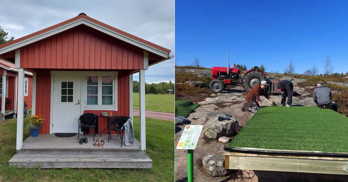 Two photos: One of a red and white wooden cottage and the other of two men building a raised, artificial turf disc golf tee pad on a rocky landscape