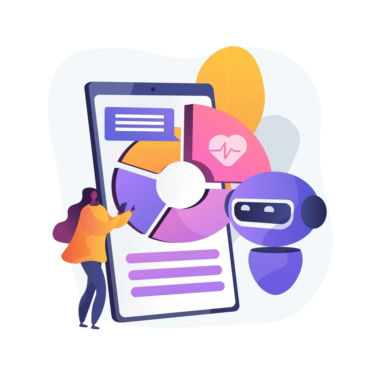 Illustration of a person interacting with a large mobile screen displaying charts next to an AI..
