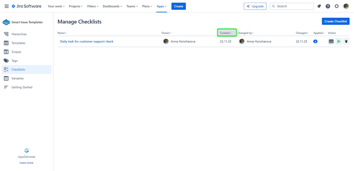 Screenshot of the 'Manage Checklists' page in Jira Software, showing an example checklist with options for customization and creation.