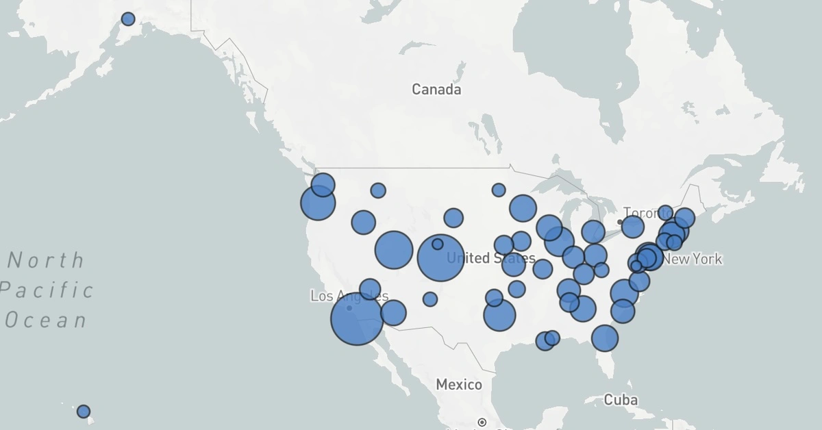 A map of the U.S. in gray with blue dots indicating the most popular course in each state's location from 2023