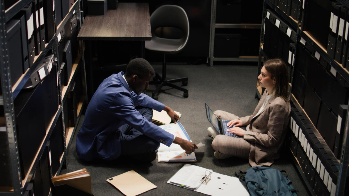 Two colleagues sitting on the floor in a dimly lit archive room surrounded by shelves of files. The man, wearing a blue suit, is holding a document, while the woman, in a plaid suit, works on a laptop. Open binders and folders with paperwork are scattered around them.