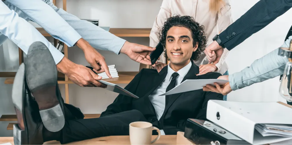 Business executive managing multiple financial tasks