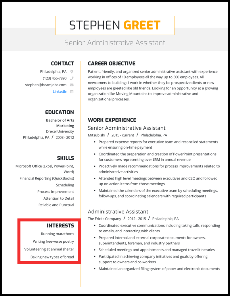 interests examples in resume