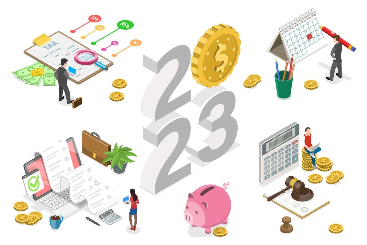 medicare costs in 2023 - year surrounding by money, calculators, and spreadsheets